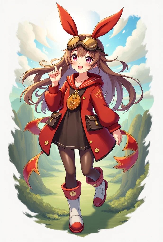 https://genshin-impact.fandom.com/wiki/Amber She have a brown hair and wears a red bow that is shaped like a bunny ears, brown pilot goggles, two small bags with leather belts, a red and brown glove, a Pyro sigil emblazoned on the red and orange ribbon, red jacket with long sleeves, a dark brown jumper outfit, and red stock on the white boots has symbols on it. She have brown hair.