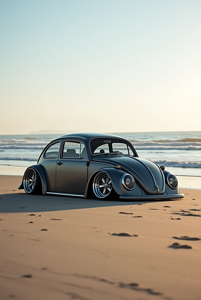 create the image of a beetle, demoted, rodas aro 17, low profile tire, on the beach.