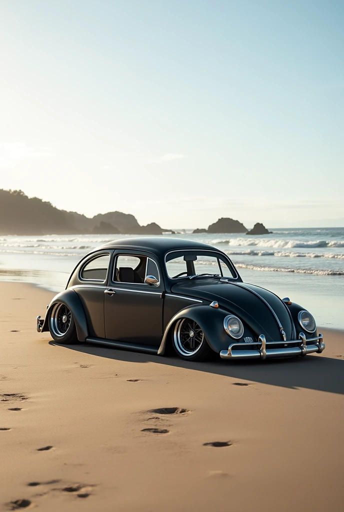 create the image of a beetle, demoted, rodas aro 17, low profile tire, on the beach.