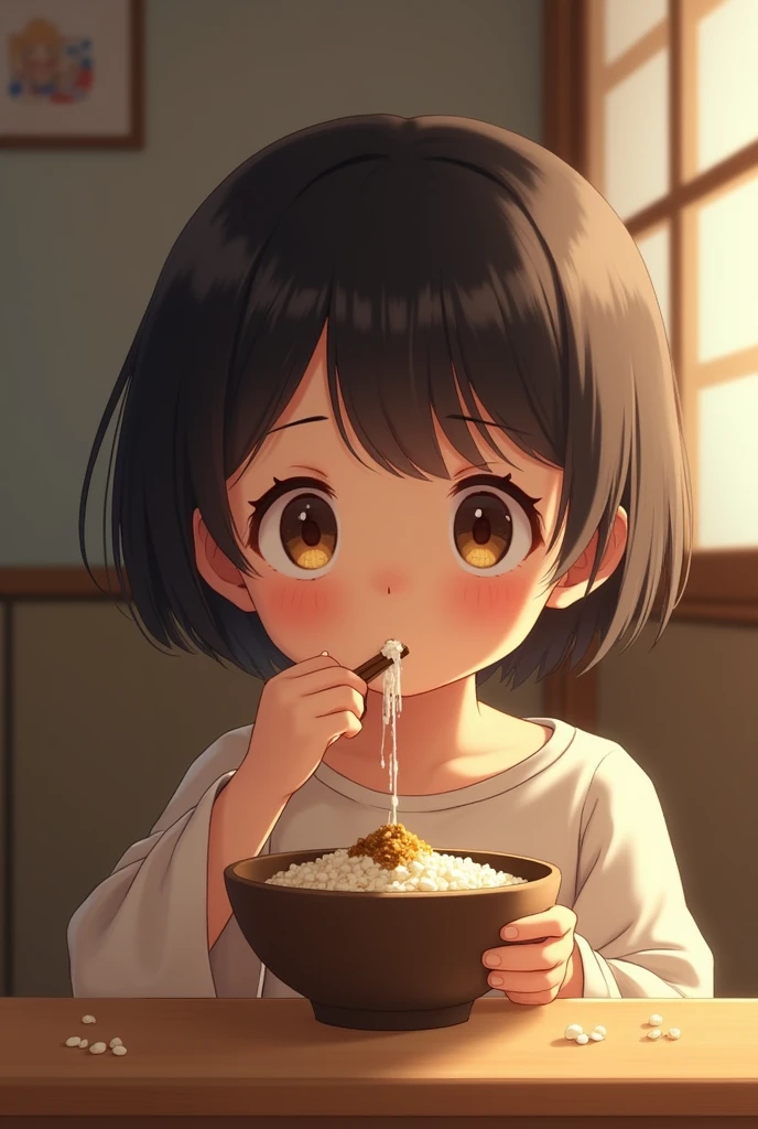 A girl eating natto