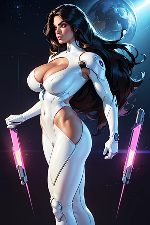 profile view, Alison Tyler, a realistic and intricate cyborg face of perfect beauty, full body, sharp galaxy detailed glowing eyes, detailed face, parted lips, big ass, big boobs, cleavage, (((from face to waist))), (((shape of fine beauty))), wearing a transparent white swimsuit ((in sci-fi plugsuit mechanical metal parts with realistic neon lighting)), (work of art), 4K, Ultra HD
