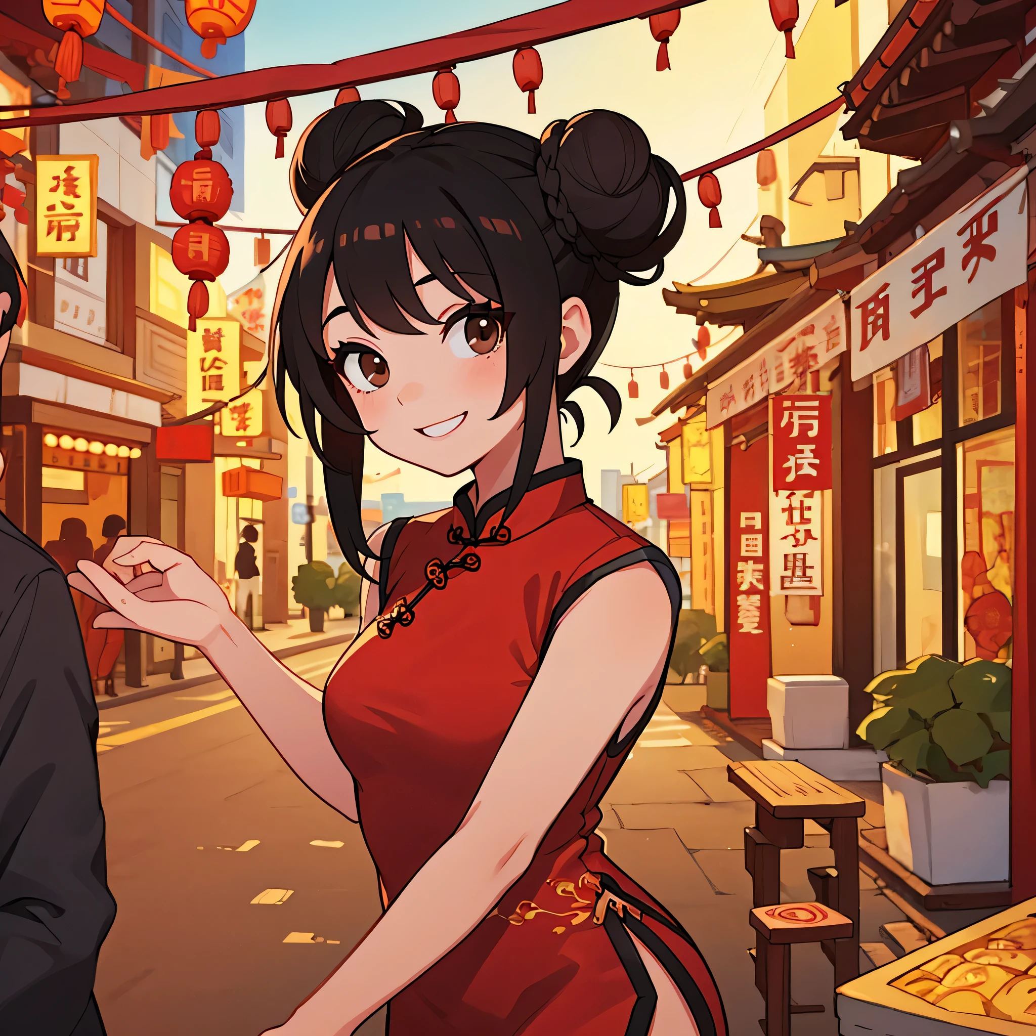 1girl, only one girl, wearing a red cheongsam, double bun hairstyle, black hair, brown eyes, looking at the viewer, smile, in Chinatown