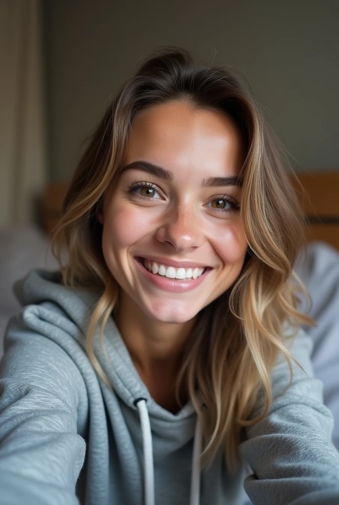 Selfie girl smile use greey hoodie on bed