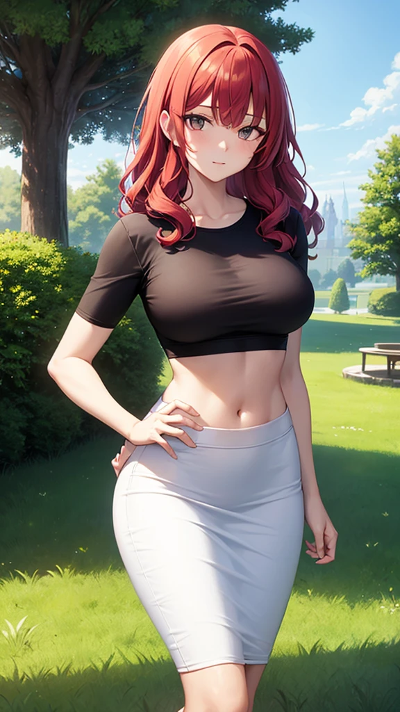 masterpiece, best quality, high detail, beautiful woman, wavy hair, red hair, large bust, black t-shirt cropped, loose t-shirt, midriff, white midi pencil skirt, long pencil skirt, sneakers, looking at viewer, upper body, wide eyed, garden, grass, park, tree, hand on hip,