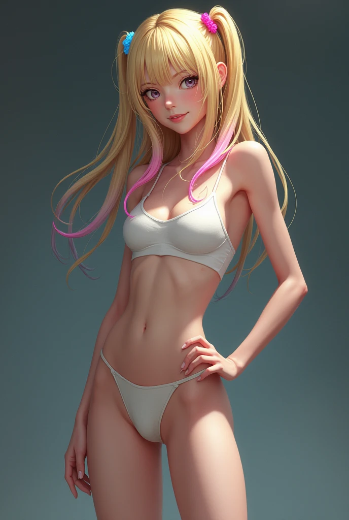 Slender and delicate body。Her hair is blonde.々There are pink and blue extensions available。A little naughty and cheeky。He is a kind person at heart, but he always follows through on what he sets his mind to.。