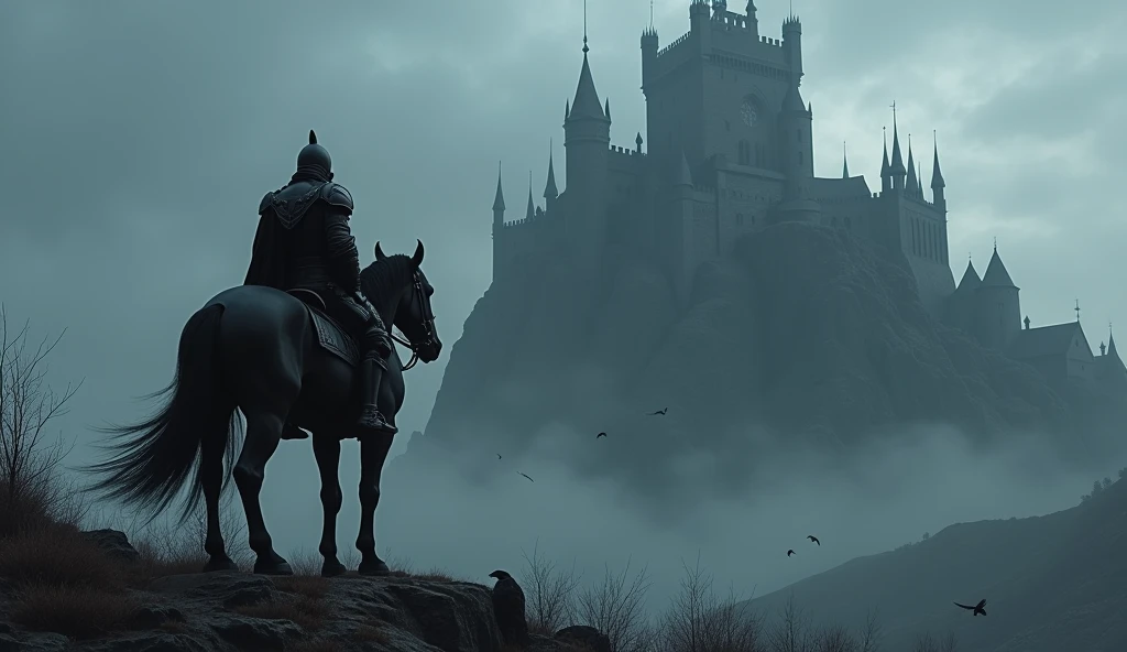 A picture of a black knight riding a black horse in front of a black castle the vibe should be dark and give it a fantasy look image should be landscape