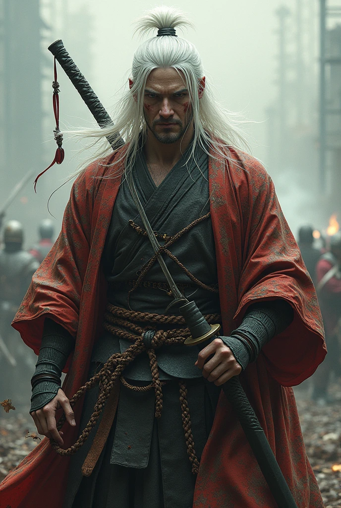 Cool samurai with long white hair, pale skin covered with blood and stains , un sheathing his long sword in battlefield, wearing a cool kimono 