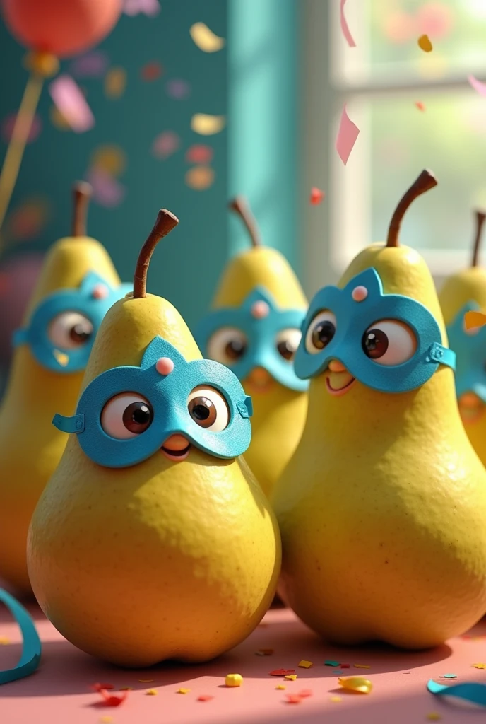Cute pears wearing a blue party mask over their eyes in Pixa style
