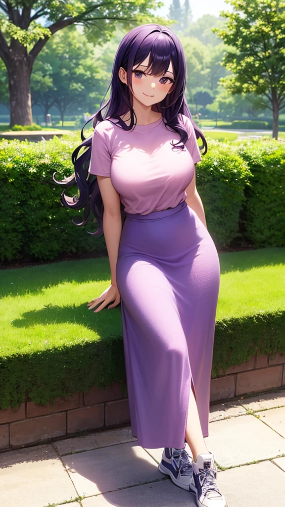 masterpiece, best quality, high detail, beautiful woman, wavy hair, purple hair, large bust, pink t-shirt, loose t-shirt, white pencil skirt, long skirt:1.3, sneakers, looking at viewer, smile, wide eyed, garden, grass, park, tree, upper body