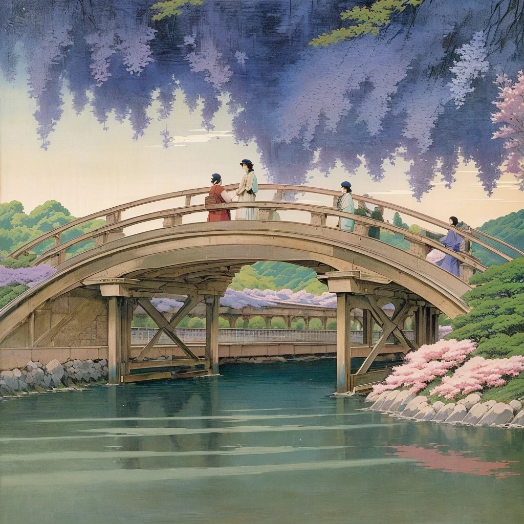A painting of a bridge with a man and a woman on it, Hasui Kwase, author Toshi Yoshida, inspired Hiroshi Yoshida, inspired by Matsumura Goshun, Hiroshi Yoshida, inspired author Toshi Yoshida, by Hasui Kawase, by Kawase Hasui, smooth concept art by studio ghibli