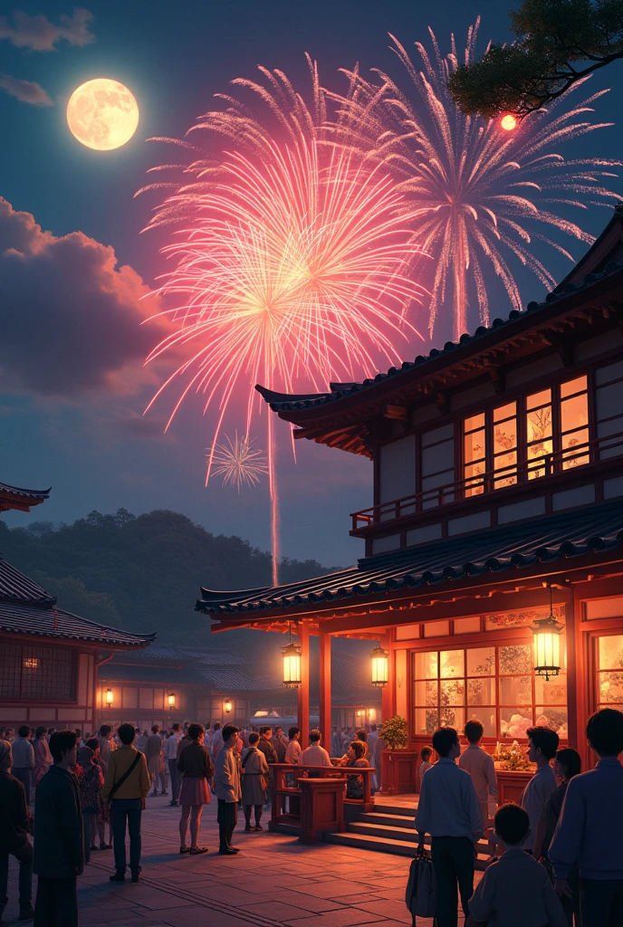 People in the animation watching fireworks at night,Oriental style,Lifelike renderings,Lively tavern scene,Japanese-style art,Reimagined through industrial light and magic,light crimson and amber,Traditional craft --ar 92:51 --niji 5