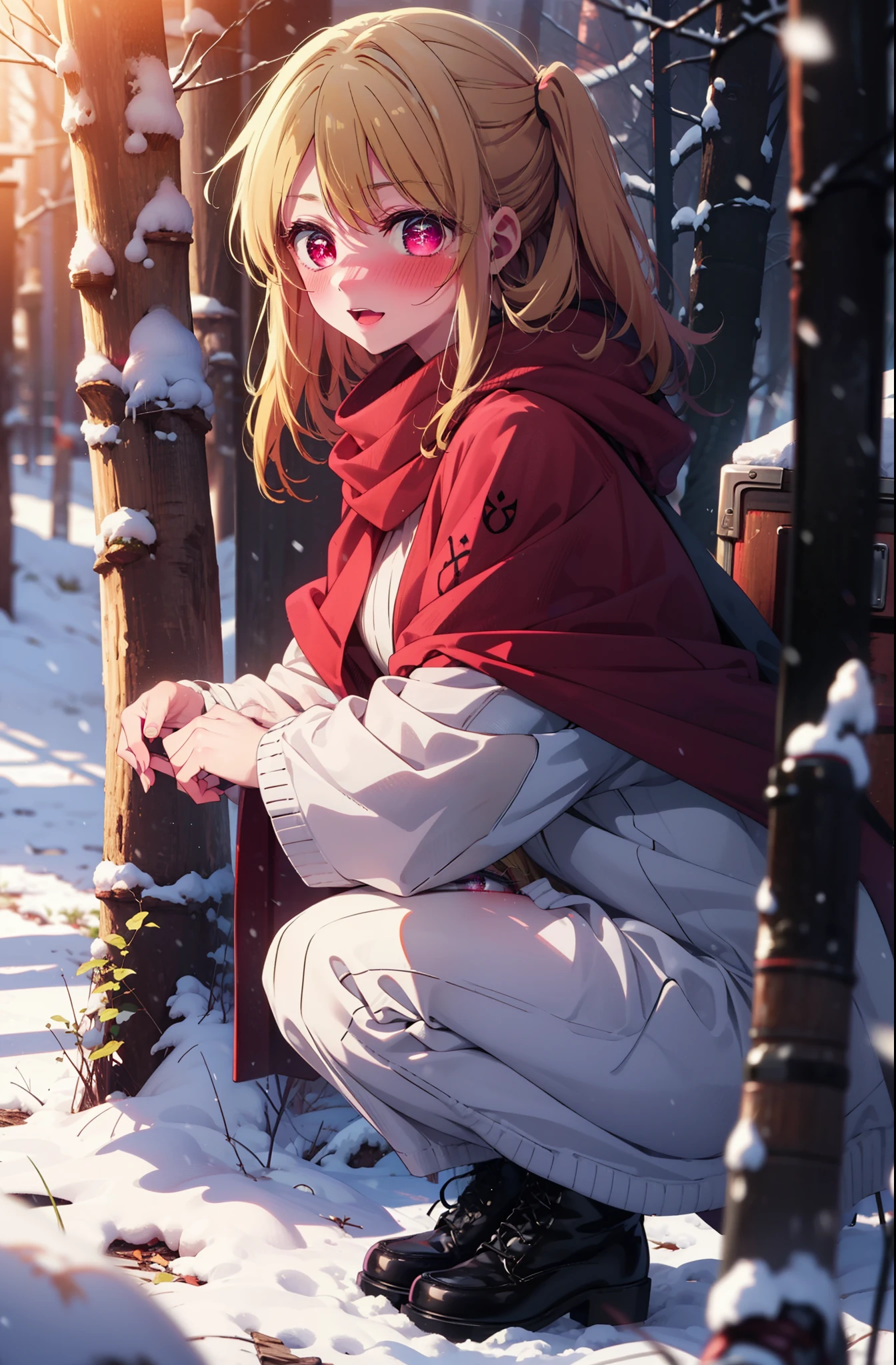 rubyhoshino, Hoshino Ruby, Long Hair, bangs, Blonde, (Pink Eyes:1.3), (Symbol-shaped pupil:1.5), Multicolored Hair, Two-tone hair, smile,blush,white breath,
Open your mouth,snow,Ground bonfire, Outdoor, boots, snowing, From the side, wood, suitcase, Cape, Blurred, , forest, White handbag, nature, Squat, Mouth closed, Cape, winter, Written boundary depth, Black shoes, red Cape break looking at viewer, Upper Body, whole body, break Outdoor, forest, nature, break (masterpiece:1.2), Highest quality, High resolution, unity 8k wallpaper, (shape:0.8), (Beautiful and beautiful eyes:1.6), Highly detailed face, Perfect lighting, Highly detailed CG, (Perfect hands, Perfect Anatomy),