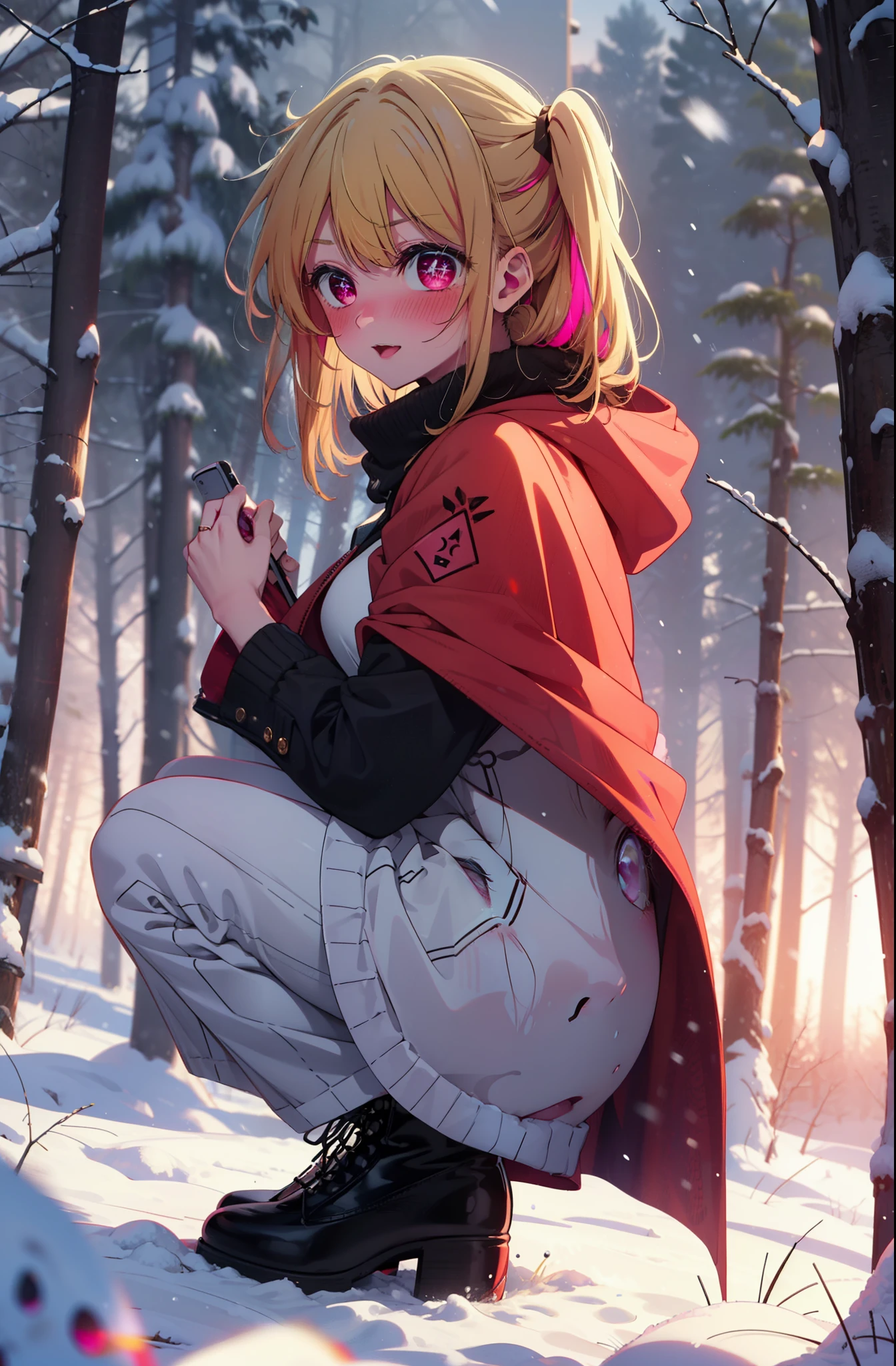 rubyhoshino, Hoshino Ruby, Long Hair, bangs, Blonde, (Pink Eyes:1.3), (Symbol-shaped pupil:1.5), Multicolored Hair, Two-tone hair, smile,blush,white breath,
Open your mouth,snow,Ground bonfire, Outdoor, boots, snowing, From the side, wood, suitcase, Cape, Blurred, , forest, White handbag, nature,  Squat, Mouth closed, Cape, winter, Written boundary depth, Black shoes, red Cape break looking at viewer, Upper Body, whole body, break Outdoor, forest, nature, break (masterpiece:1.2), Highest quality, High resolution, unity 8k wallpaper, (shape:0.8), (Beautiful and beautiful eyes:1.6), Highly detailed face, Perfect lighting, Highly detailed CG, (Perfect hands, Perfect Anatomy),