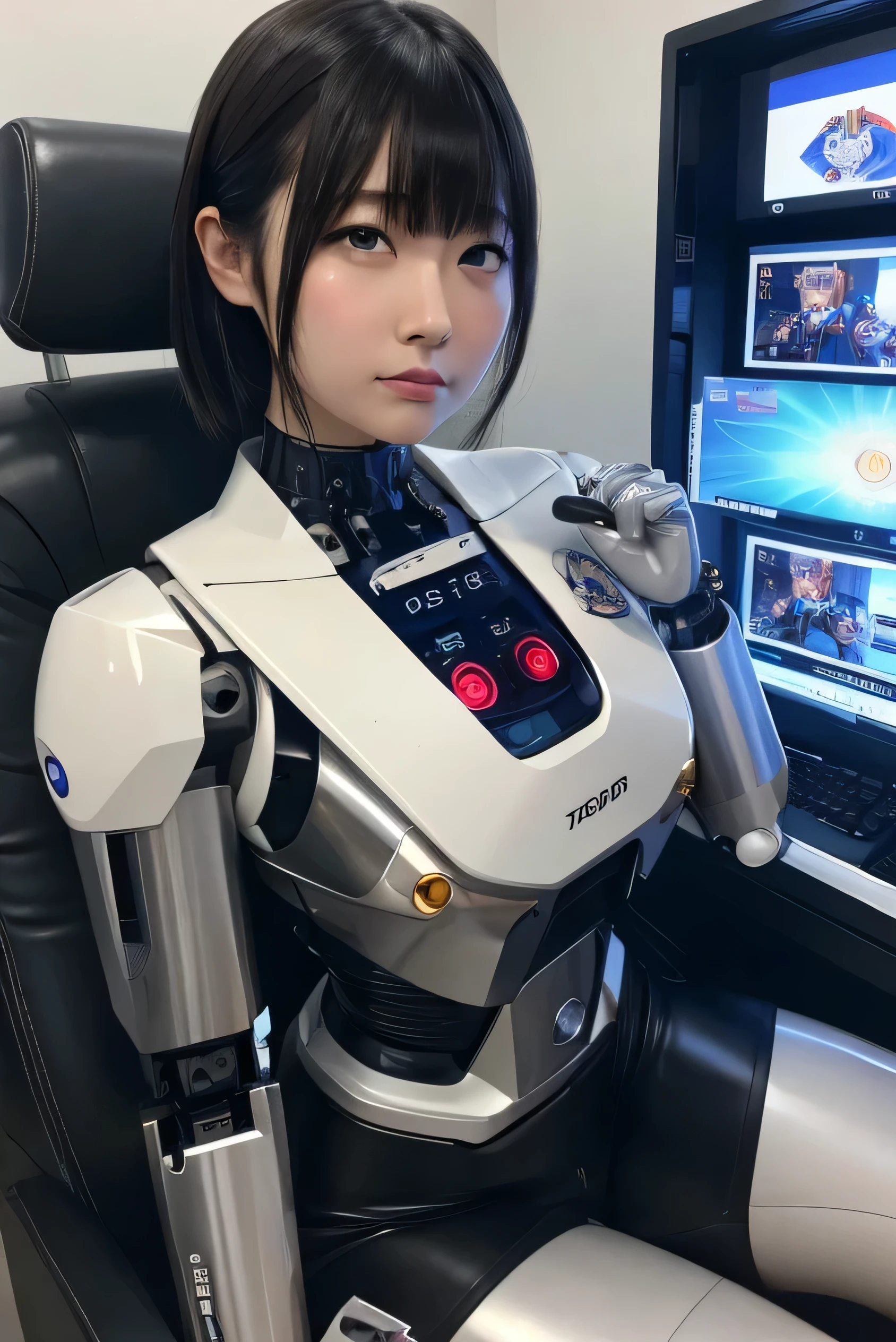 masterpiece, best quality, extremely detailed, Japaese android girl,portrait,Plump,a bit chubby,control panels,android,Droid,Mechanical Hand, Robot arms and legs, Black hair,Blunt bangs,perfect robot girl,long tube,thick cable connected her neck,android,robot,humanoid,cyborg,japanese cyborg girl ,robot-assembly plant,She is assembling now,assembly scene,rolling eyes,chest monitor