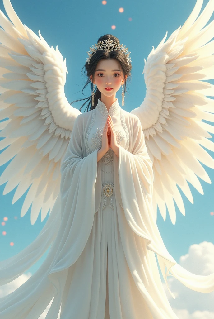 Anthropomorphic humanoid angel Chinese girl wearing white noble robe, intricate details, Intricate Grimbly artwork, The sky behind, White, beautiful complete wings, Detailed eyes and lips，Smiling face