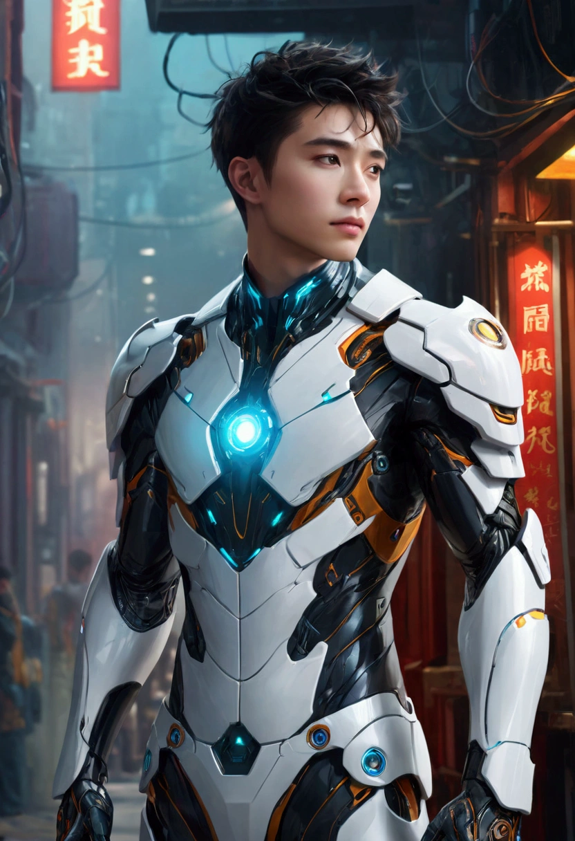 A young man, Sci-fi style suit, high-tech products, Xingcheng District, masterpiece, best quality, Extremely detailed, 