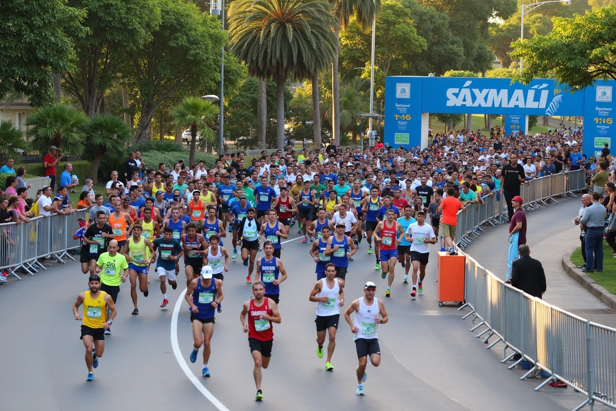 A high-quality photo of a large group of Brazilian people running in a marathon during the daytime. The runners, wearing a variety of colorful athletic gear, are in mid-stride, with expressions of focus and determination. sunlight dapples the ground, creating dynamic shadows. The scene is lively with spectators cheering from the sidelines, and the overall atmosphere is energetic and celebratory.