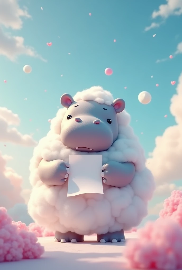 Generate an animated hippopotamus cloud holding an animated sheet of paper