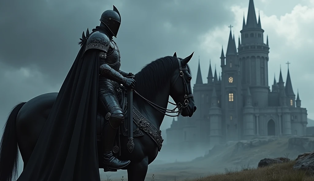 A picture of a black knight riding a black horse in front of a black castle the vibe should be dark and give it a fantasy look image should be landscape