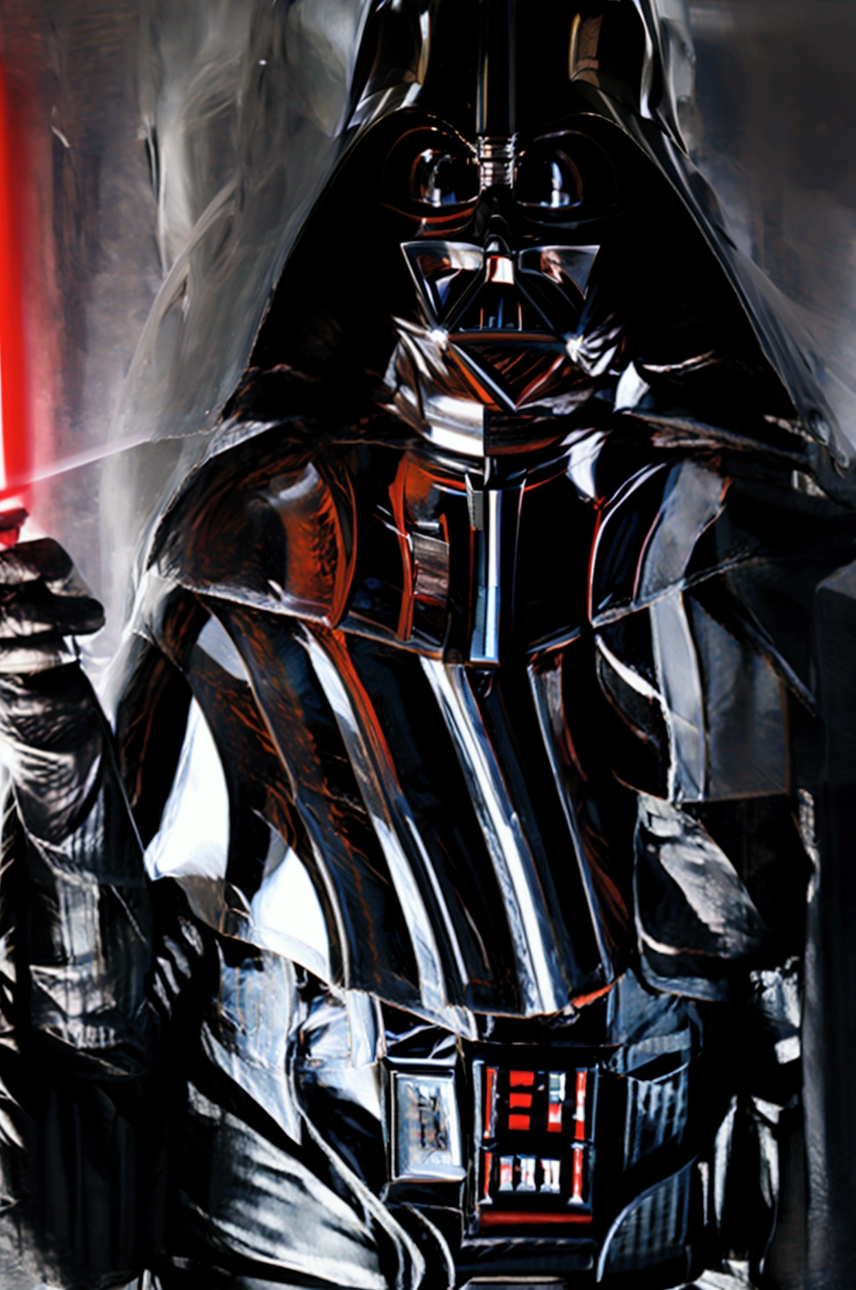 A powerful depiction of Darth Vader standing in a dark tunnel, illuminated by the red glow of his lightsaber. The red light casts an eerie glow on the surrounding smoke, which swirls around him, enhancing the ominous and cinematic atmosphere. His silhouette is sharply defined, emphasizing his authority and fearsome presence. The background is pitch black, with a striking contrast between light and shadow, creating a dramatic and imposing scene