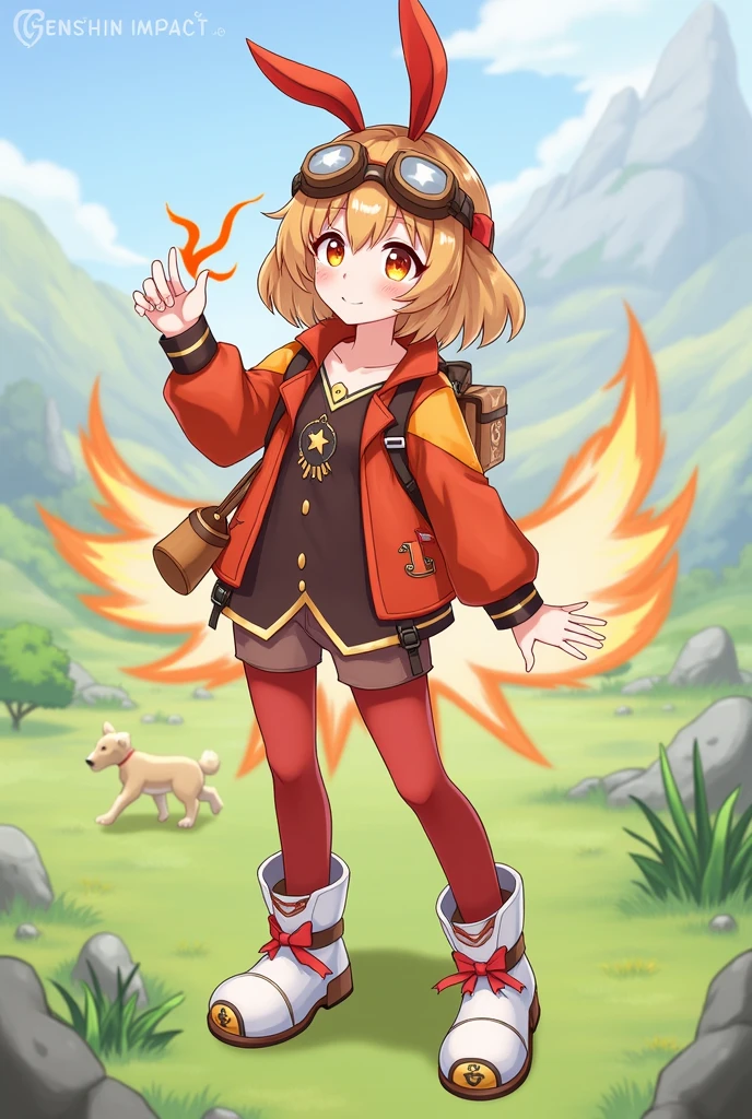 https://genshin-impact.fandom.com/wiki/Amber She have a brown hair and wears a red bow that is shaped like a bunny ears, brown pilot goggles, two small bags with leather belts, a red and brown glove, a Pyro sigil emblazoned on the red and orange ribbon, red jacket with long sleeves, a dark brown jumper outfit, and red stock on the white boots has symbols on it. She have brown hair.
