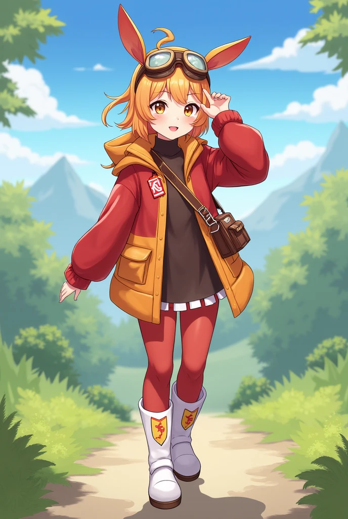https://genshin-impact.fandom.com/wiki/Amber She have a brown hair and wears a red bow that is shaped like a bunny ears, brown pilot goggles, two small bags with leather belts, a red and brown glove, a Pyro sigil emblazoned on the red and orange ribbon, red jacket with long sleeves, a dark brown jumper outfit, and red stock on the white boots has symbols on it. She have brown hair. 