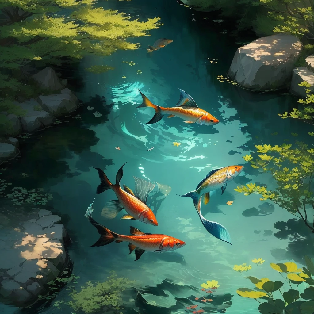 there are many Demand Fish swim in a pond of water, fish swimming, floating Demand fish, Demand fish, Demand fish, amazing wallpaper, Ian J., Demand pond, beautiful wallpaper, japanese art style, Fish swim around, Demand, Fish swim, fish, beautiful wallpaper на айфон, beautiful digital images, calm illustration, wallpaper for mobile phone, Ross Tran. picturesque background