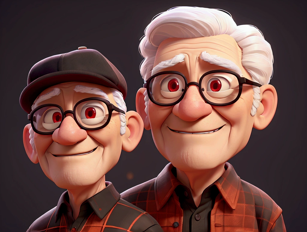 a 94 year old man with white hair, black glasses, wearing a red shirt and black shorts, red cap, don't change the detailed face and expression, cartoon pixar, 8k, ultra-detailed, masterpiece, cinematic lighting, natural skin tones, realistic fabric textures, dramatic shadows and highlights