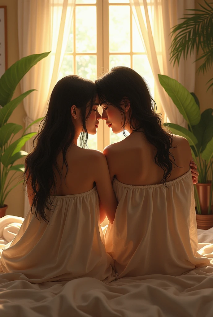 (photorealism:1.2), beautiful asian woman with handsome asian man with longhaired , sitting on bed, wearing loose off-shoulder top, pajama pants, long hair, indoors, soft lighting, plants in background, window with sunlight, cozy room, relaxed pose, realistic, intricate details, warm colors, by Greg Rutkowski, by Alphonse Mucha