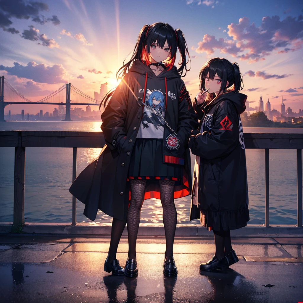 One woman.Punk clothing((Tobacco,Hold in mouth,cigarette)) Long Hair,Black Shining Eyes,blue,Glaring punk-like woman,Black and red hoodie,Drop shoulder,Metallic skirt,Golden chain to attach to skirt,Reflection of light, fishnet tights,Black Loafers,Close-up Background(Downtown New York,There is a bridge,Sunset and water reflection) Anime Style