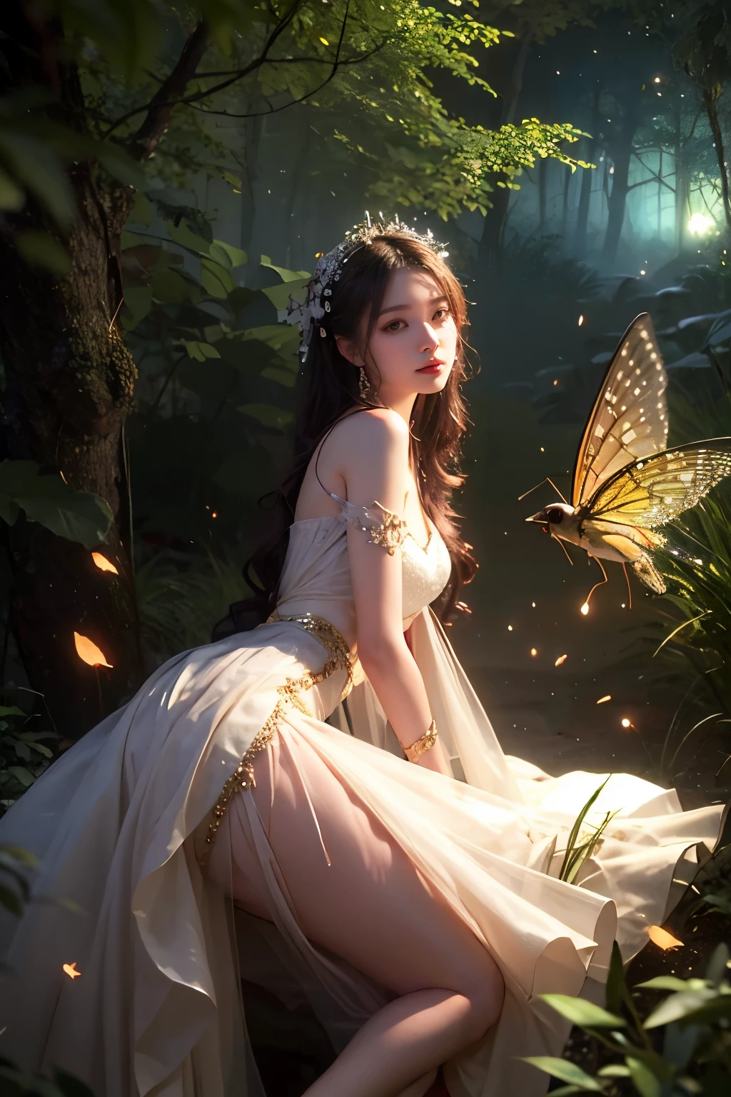 Beautiful fairy, surrounded by fireflies, ethereal and dreamy atmosphere