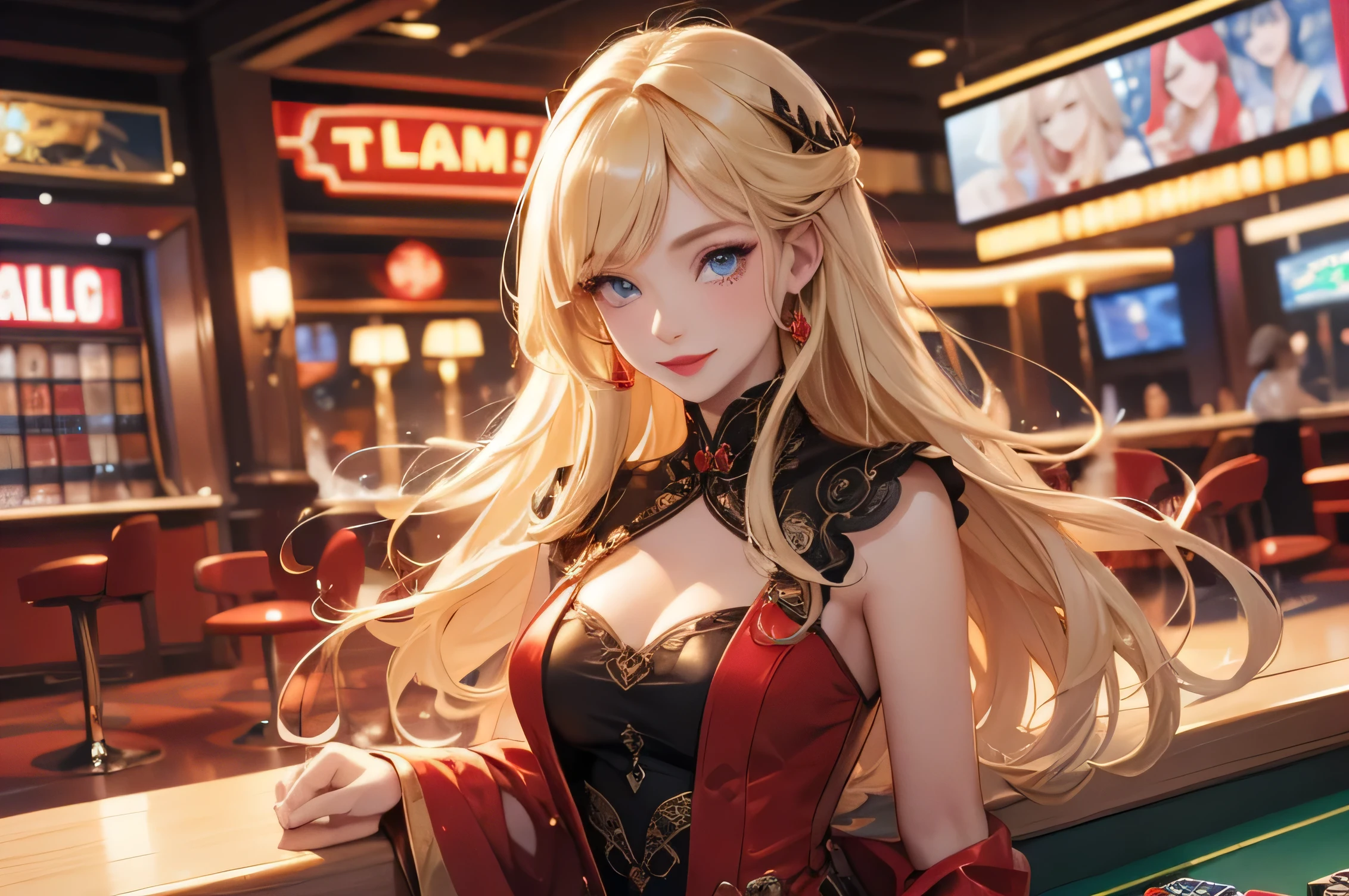 Western-style beautiful woman、Blonde long hair、Blue Eyes、Red Lip、Casino dealer's clothes、smile