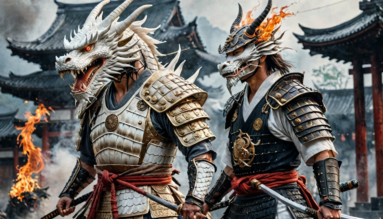 warrior samurai with a straw hat next to a white dragon, muscular, amazing sword, samurai armor, scars, highy detailed, intrikate, flames emanating from the body, ancient japanese city armor, misty, hyper detailled, tattoo's