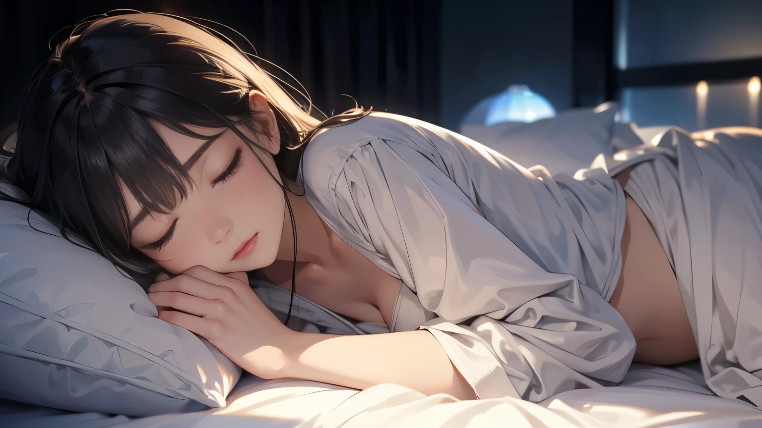 A peaceful nighttime scene featuring a woman gently falling asleep while listening to calming music. The woman is lying on a cozy bed with soft pillows and a warm blanket, surrounded by a serene, dimly lit bedroom. Her expression is calm and content, as if she is drifting into a deep, restful sleep. She wears comfortable sleepwear, and a soft glow from a nearby lamp casts a gentle light across the room. The ambiance is enhanced by subtle, soothing colors and soft shadows, creating an atmosphere of tranquility and relaxation.