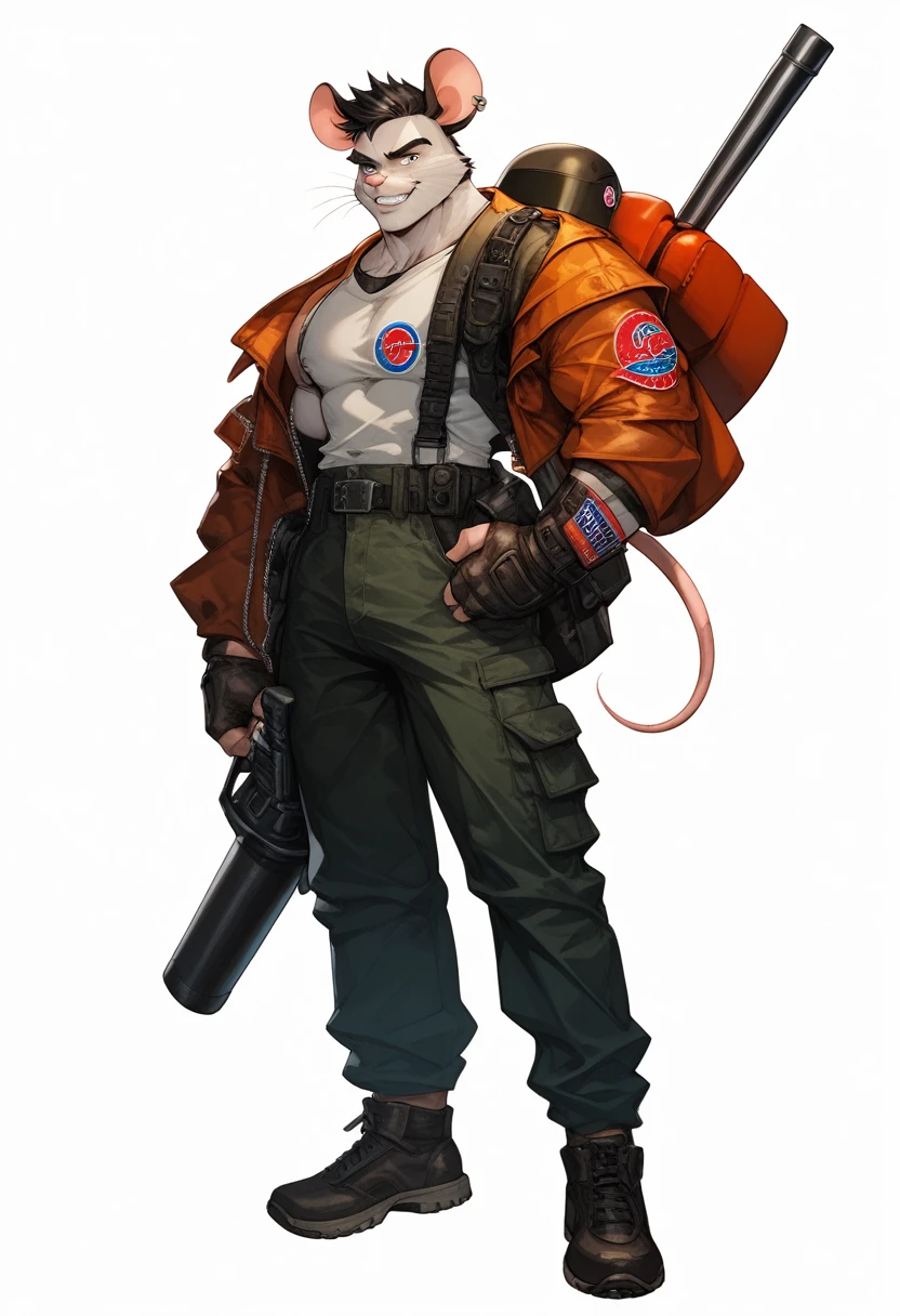 a anthropomorphic furry white mouse,mice buff,muscular man wearing a biker outfit,scars,Biker mice from mars,veteran,Vinnie,thick,young ,90’s style. He’s androgynous,spiky hair,equipped with some firearms weapons and a sensual ,cool expression,full body.The scene has a cool,sweet,sexual,samurai style and a vibrant tone.industrial setting in the background