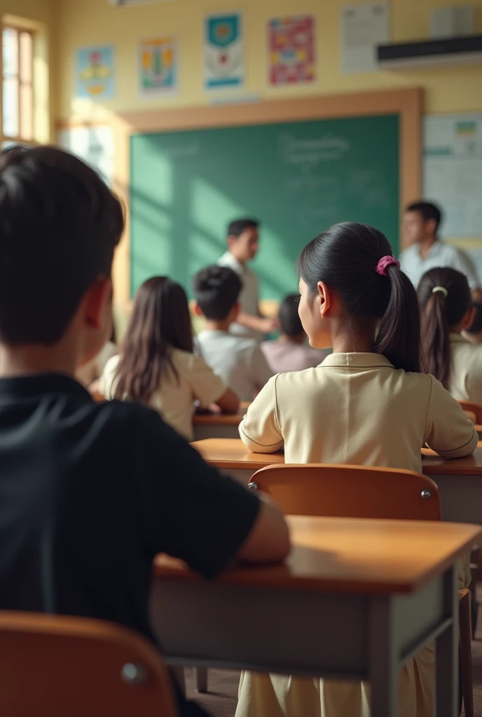 Create a image of class room from last bench view on last bench a boy is sitting wearing black shirt and on second last bench a girl is sitting wearing a cream colour kurta