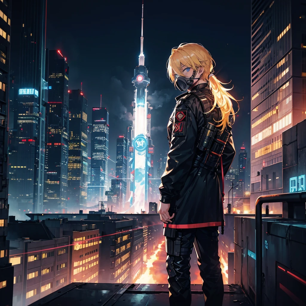 1 male,Adult,blue eyes,gas mask,Golden hair color,Flashy guy,Cyberpunk clothing,night,Future City,Standing on a rooftop with a rocket launcher, admiring the view,Looking back,Calm expression,Muscular,tattoo,neon