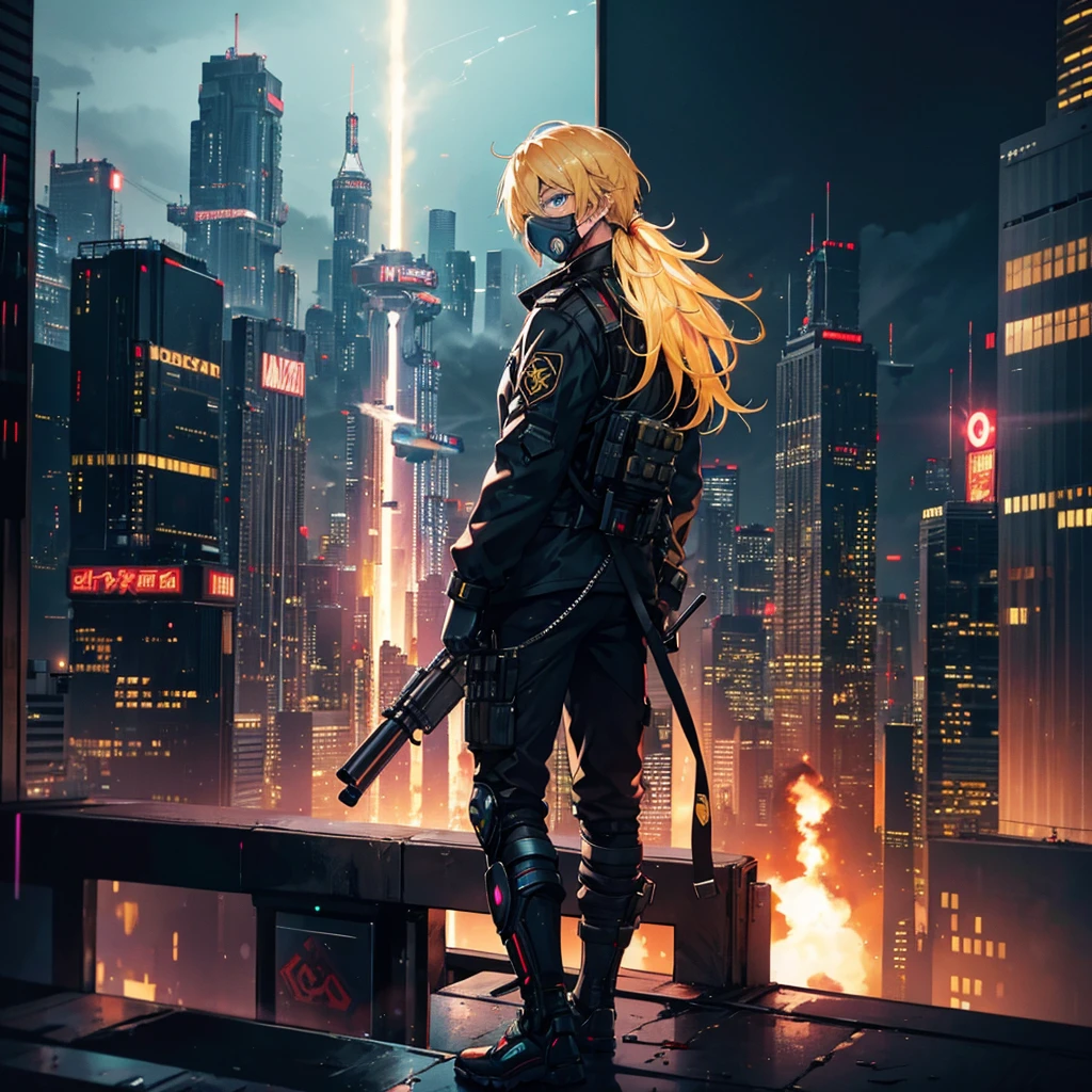 1 male,Adult,blue eyes,gas mask,Golden hair color,Flashy guy,Cyberpunk clothing,night,Future City,Standing on a rooftop with a rocket launcher, admiring the view,Looking back,Calm expression,Muscular,tattoo,neon