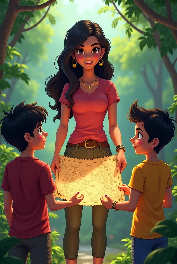 One day, Priyanka gave Meghraj and Tanishk a challenge.
"Priyanka handing a treasure map to Meghraj and Tanishk with an encouraging smile."
