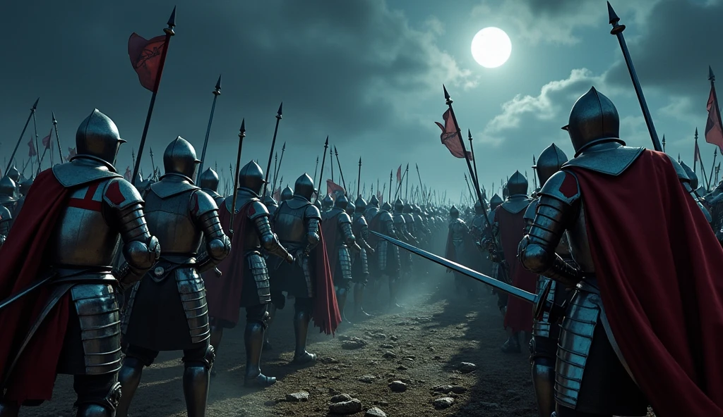 A highly realistic, high-contrast, 8K HD, detailed, hyper-detailed battle scene where the knights from the provided image, wearing steel armor with red crosses on their tunics, are engaged in fierce combat with an opposing army of knights. The enemy knights are clad in plain, full silver armor without any emblems or markings, making them distinct from the Crusaders. Under a dark night sky, illuminated by the cold light of the moon and stars, the two armies clash violently. The Crusaders, with their red crosses, are clearly battling against the silver-armored enemy. Swords clash, shields are raised, and the ground is littered with the signs of battle. The intense struggle is highlighted by dramatic lighting, capturing the contrast between the two forces. The image is of the highest quality, with ultra-high resolution, RAW photo quality, and Unreal Engine rendering, showcasing the brutal and epic nature of this deadly confrontation between two distinct armies.
