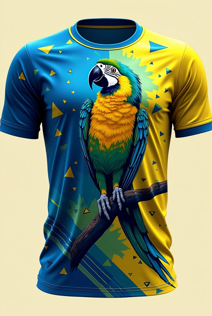 Brazil sports shirt, blue and yellow with geometric macaw print