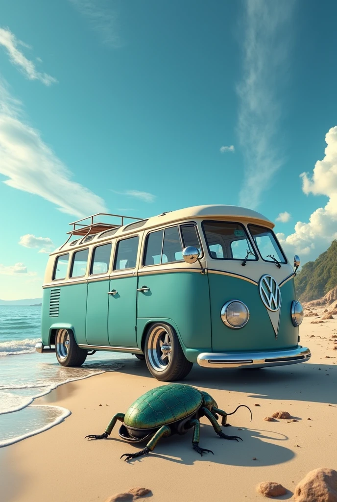 create the image of a beetle, a van, Relegated, rodas aro 17, low profile tire, at beach.