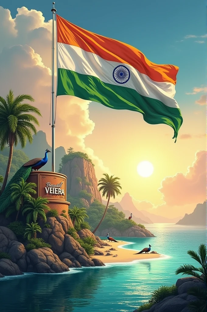 Beautiful Indian flag standing in the sky. island with beautiful peococks and Ashok chakra. Name displayed as Beautiful VEERA name on wall