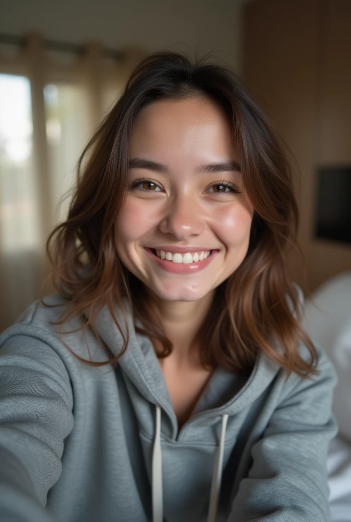 Selfie girl smile use greey hoodie on bed