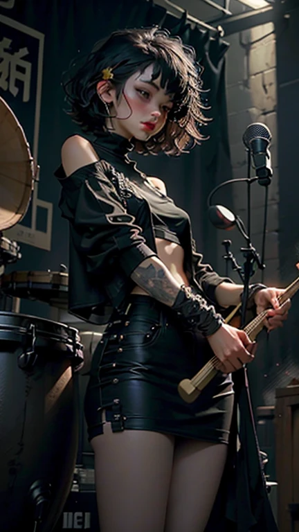 A beautiful woman with short hair wearing black clothes playing the drums