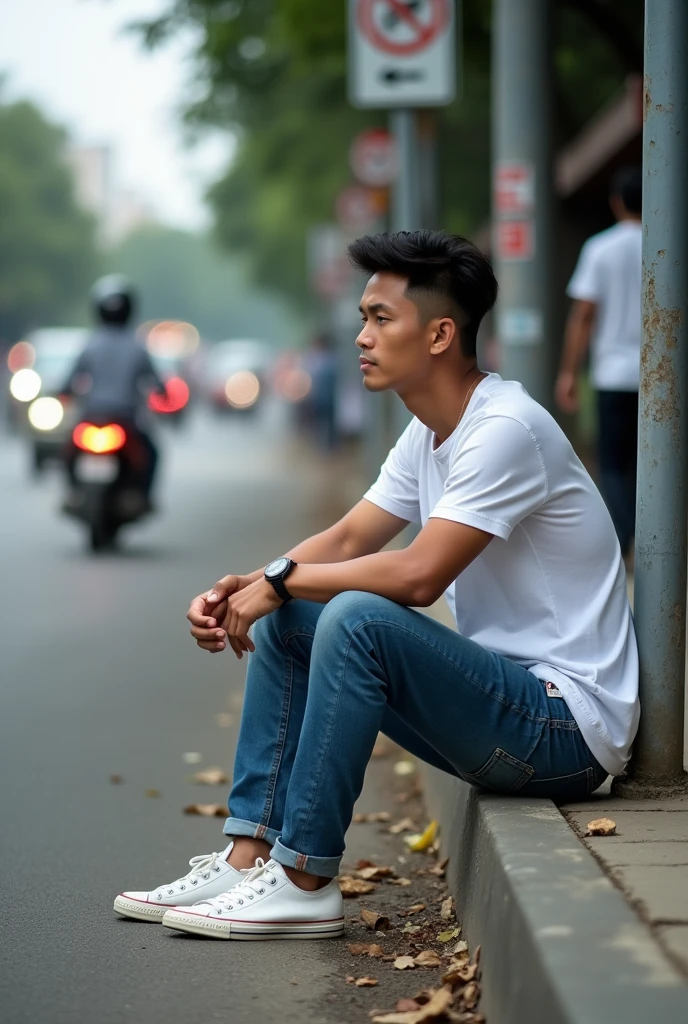 realistic photo, an Indonesian man, , handsome, pure white skin, wearing a white t-shirt, blue jeans, white sneakers, tired face, sitting leaning against a signpost, by the side of a busy road filled with vehicles and people coming and going.. Candid camera, full body view. Contrast colors. detail.