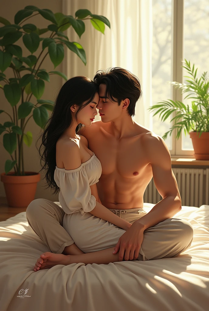 (photorealism:1.2), beautiful asian woman with handsome asian man with longhaired , sitting on bed, wearing loose off-shoulder top, pajama pants, long  hair, indoors, soft lighting, plants in background, window with sunlight, cozy room, relaxed pose, realistic, intricate details, warm colors, by Greg Rutkowski, by Alphonse Mucha