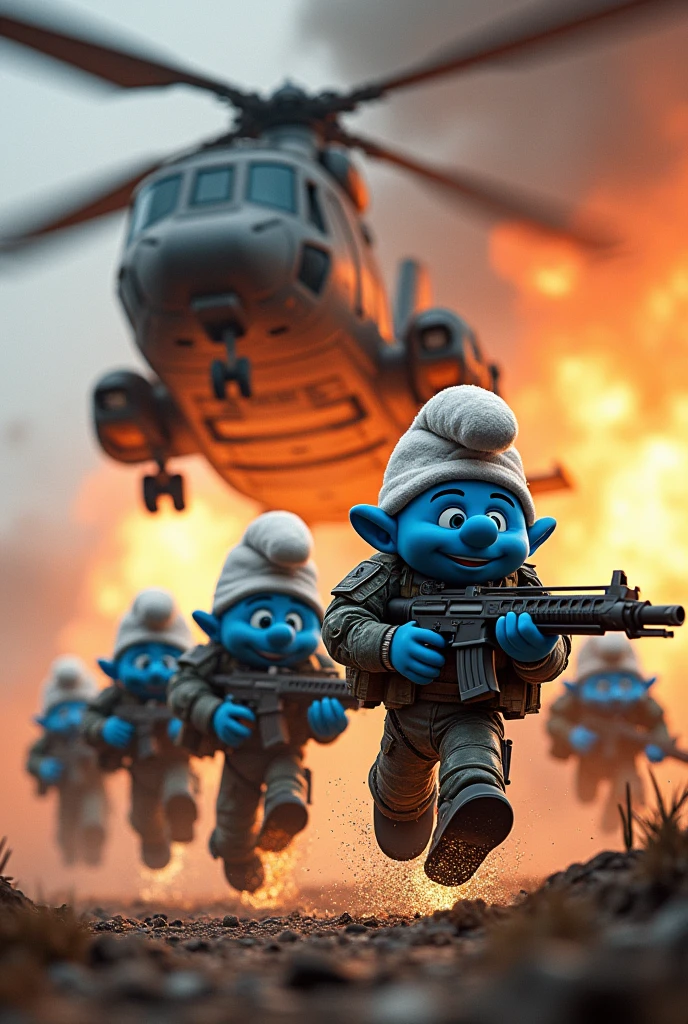 A group of 6 smurfs with papa smurf and grandpa smurf with weapons and armor from the video game rust flying out from the back of a transport helicopter that was hit by a missle and is exploding with the smurfs mid air