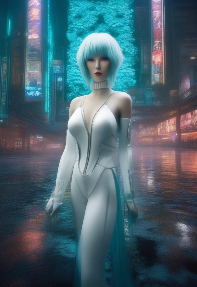 Full-length view. (full-length shot, wide angle, centered, no cropping) AR 9:16 - from 1:2 ((Motoko Kusanagi - Ghost in the Shell, porcelain face and head. Long flowing white hair, large turquoise eyes, perfect eyes, best quality)). Visual Kay Fashion, gothic. Yoshitaka Amano, Quentin Mutch, Multicolored Fog. Hannah Yata, fantasy art, megapixels, 8K HDR resolution; volumetric lighting", surreal hallucination, complex detail, sharp focus, wind, cherry petals, Fujifilm, Bokeh. (full-length shot, wide angle, centered, no cropping) - AR 9:16 - from 1:2 