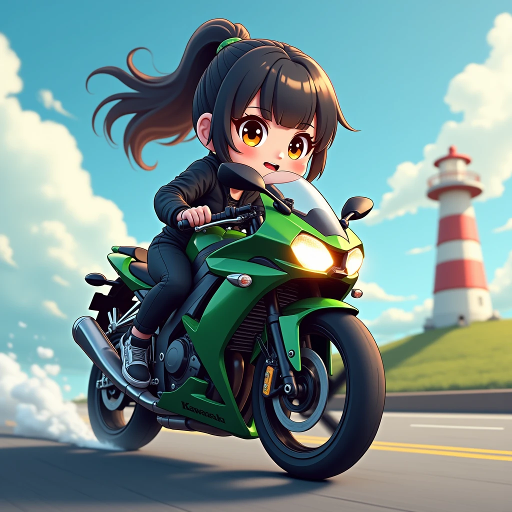 (masterpiece, cute_cartoon_style, official art, octane-render):1.33, 1girl, ((perfect hands)), busty, playful, (detailed moist eyes), (motorcycle details kawasaki ZZR400), in a jet helmet, black jacket, motor cycle pants, motorcycle shoes, (flinching hair), (jet-black hair,colored inner orange ombre hair multicolored hair):1.21, tail bun, (curly hair:0.75), (detailed brown eyes, stare eyes,) strong wind, water, wind, dynamism, power, (subjective Perspective), touring motorcycle, sprint, Full Power Sprint, fun riding, (headland, lighthouse), Beautiful and delicate light, very delicate and beautiful, glowing skin, shining hair, dense and delicate clothes, smiling girl astride an touring motorcycle, particle light,